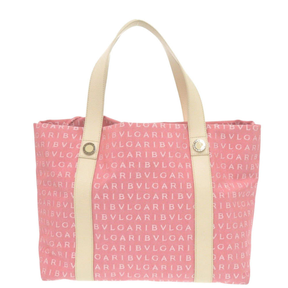 美品 ブルガリ ロゴマニア トートバッグ キャンバス レザー ピンク 0582【中古】BVLGARI