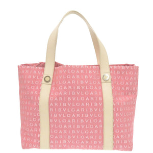 美品 ブルガリ ロゴマニア トートバッグ キャンバス レザー ピンク 0582【中古】BVLGARI