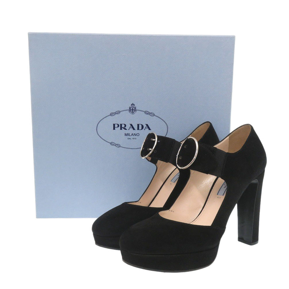 美品 プラダ 厚底 パンプス ストラップ付 1XP985 25cm サイズ38 スウェード ブラック 黒 0606【中古】PRADA