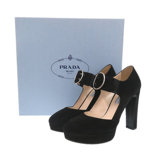 美品 プラダ 厚底 パンプス ストラップ付 1XP985 25cm サイズ38 スウェード ブラック 黒 0606【中古】PRADA