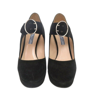 美品 プラダ 厚底 パンプス ストラップ付 1XP985 25cm サイズ38 スウェード ブラック 黒 0606【中古】PRADA