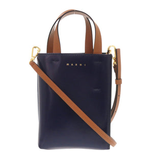 美品 マルニ Museo ミュゼオ ナノ レザー ネイビー ブラウン 2way ハンドバッグ 0618【中古】MARNI