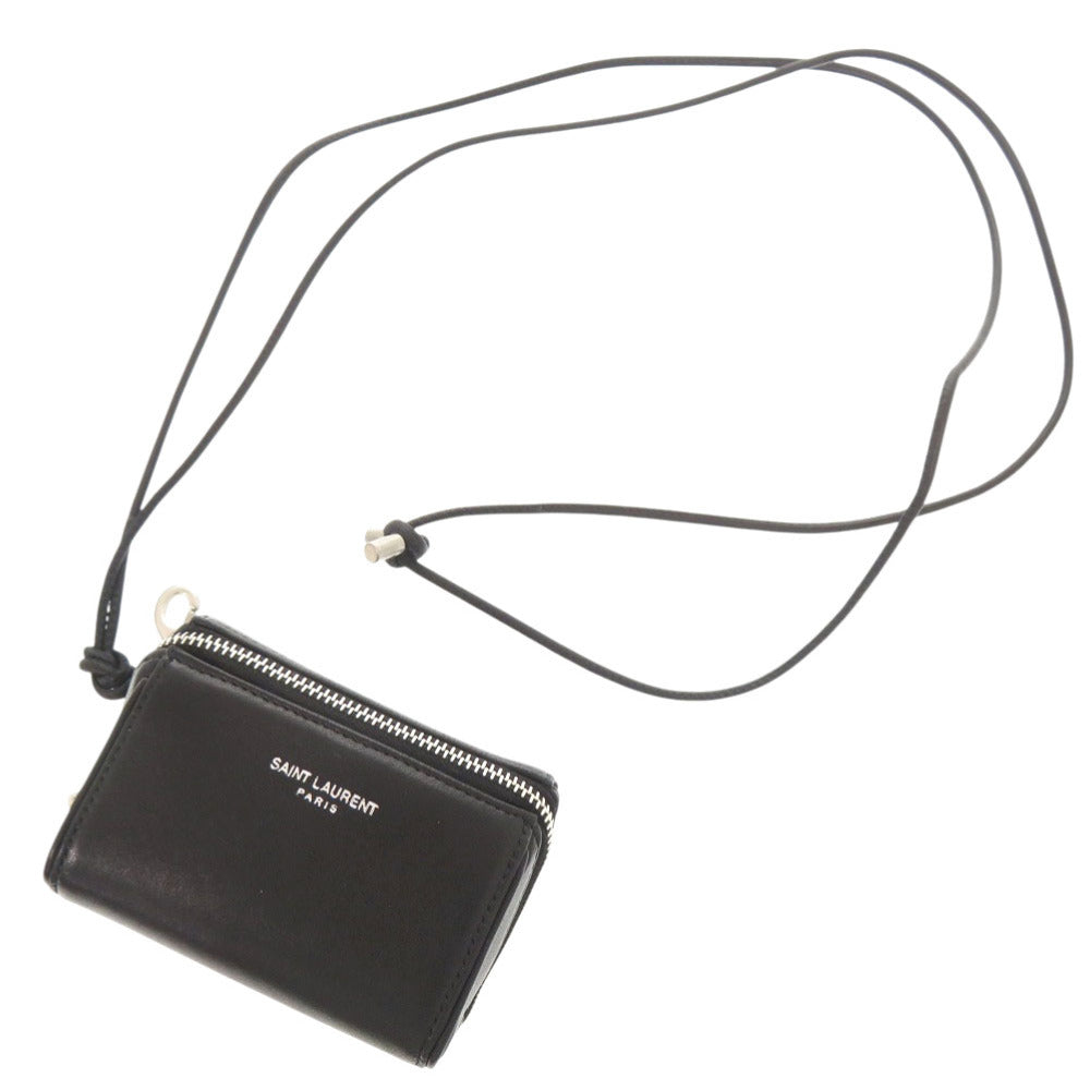 美品 サンローランパリ 2Way ネックストラップ フラグメントジップボックス 777423-1EL0E シルバー金具 レザー ブラック 黒 ポーチ 小物入れ ショルダーバッグ 0640【中古】SAINT LAURENT PARIS