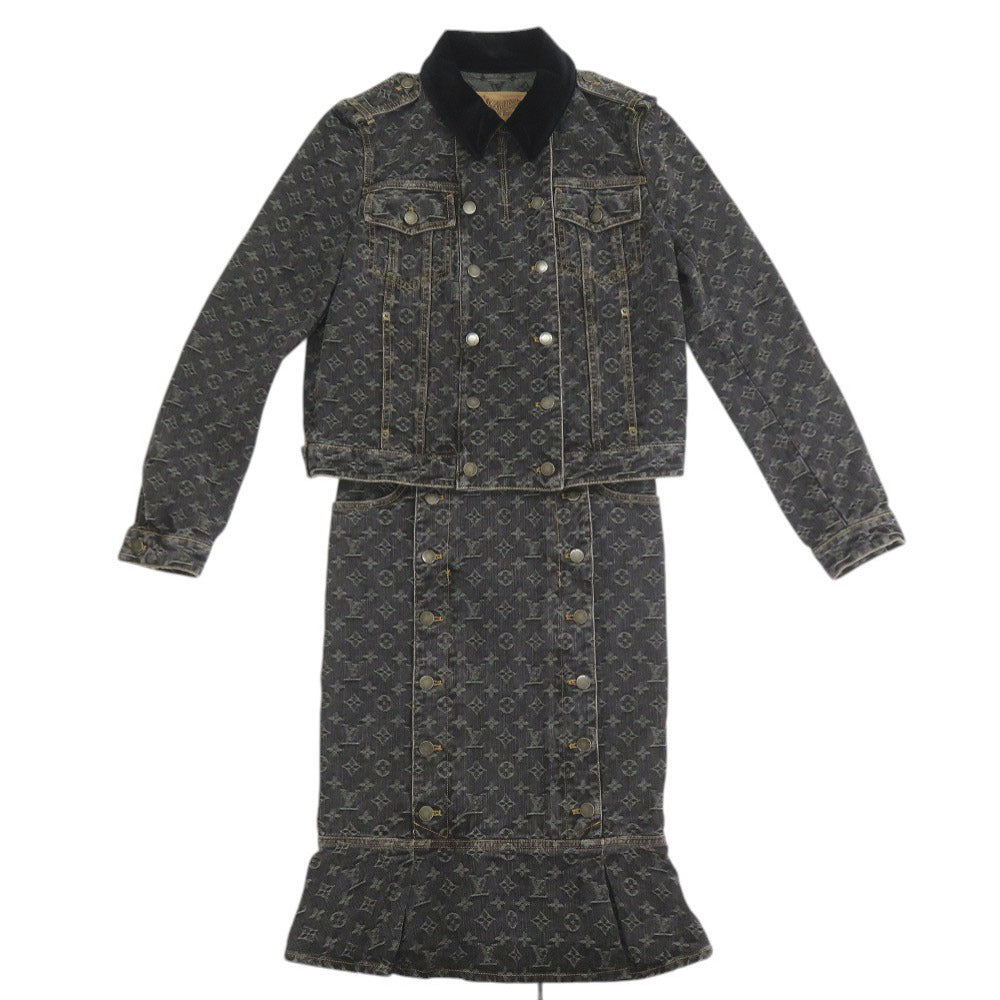 美品 ルイ ヴィトン モノグラム デニム コットン ブラック セットアップ ジャケット スカート LV 0887【中古】LOUIS VUITTON