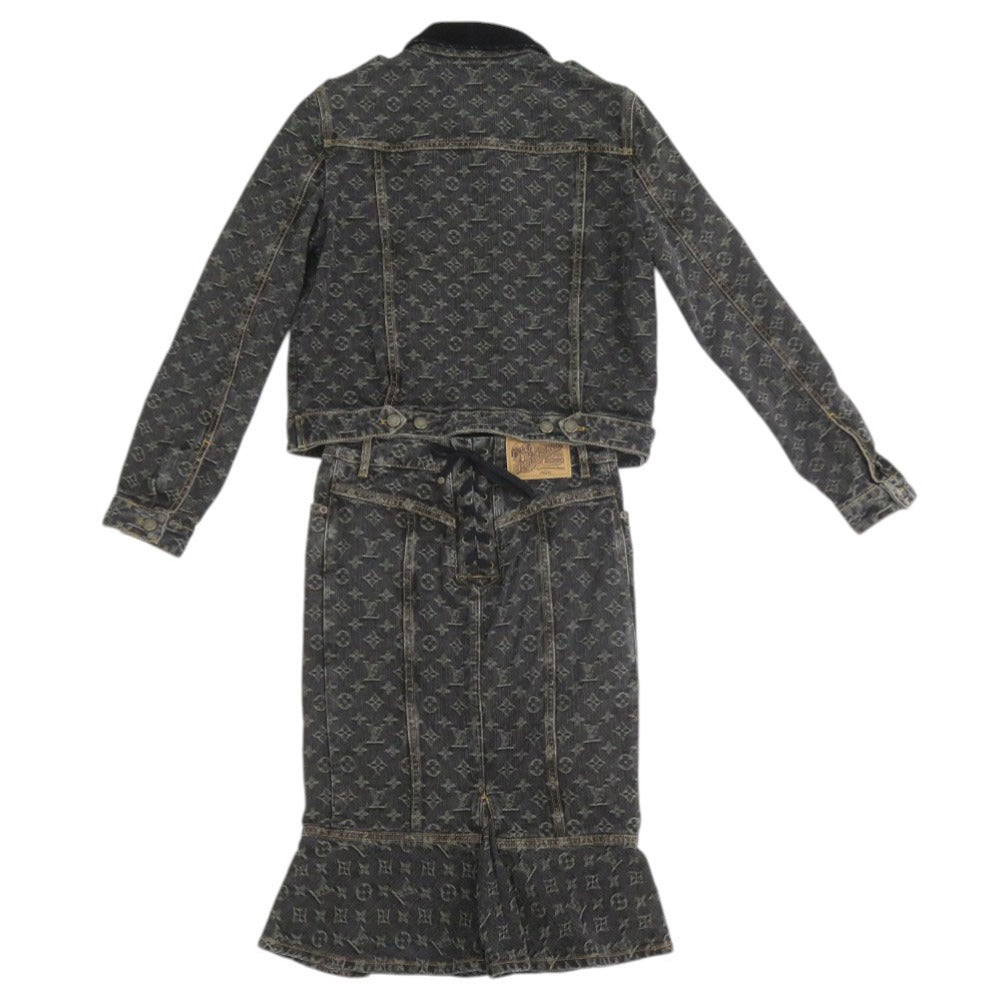 美品 ルイ ヴィトン モノグラム デニム コットン ブラック セットアップ ジャケット スカート LV 0887【中古】LOUIS VUITTON