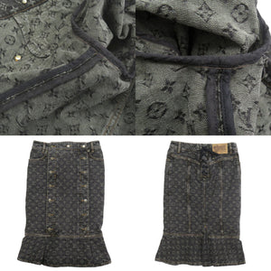 美品 ルイ ヴィトン モノグラム デニム コットン ブラック セットアップ ジャケット スカート LV 0887【中古】LOUIS VUITTON