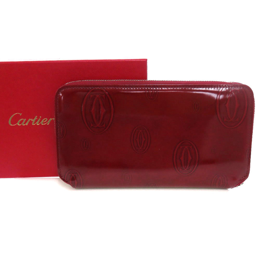 美品 カルティエ ハッピーバースデー ラウンドファスナー L3000721 シルバー金具 エナメルカーフレザー ボルドー レッド 赤 長財布 1081【中古】CARTIER