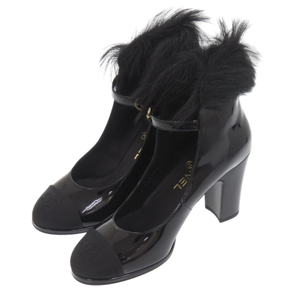 未使用品 シャネル メリージェーン Mary Janes G45174 サイズ36 ゴールド金具 パンプス パテントレザー ファー ブラック 黒 1138【中古】CHANEL