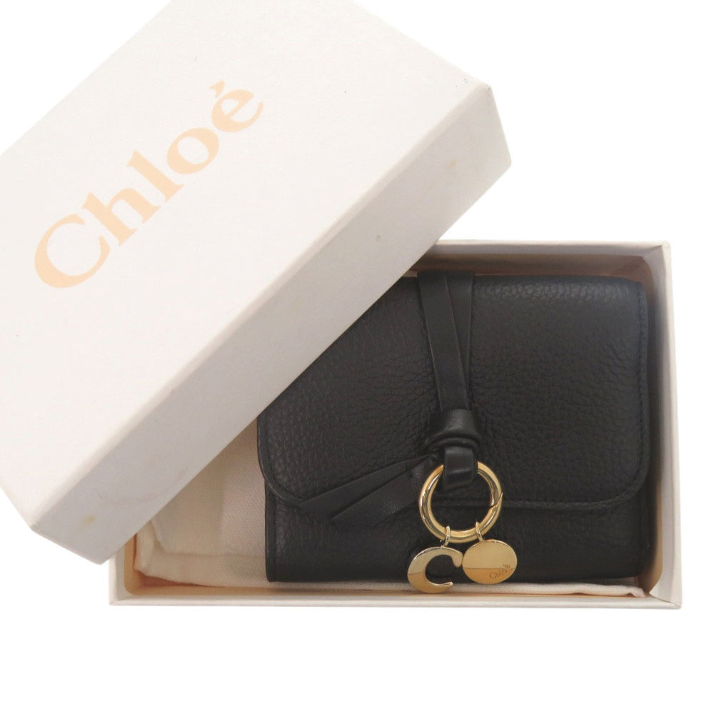 美品 クロエ アルファベット スモールトリフォールドコンパクトウォレット CHC17AP945H9Q ゴールド金具 グレインレザー ブラック 黒 三つ折り財布 1193【中古】Chloe