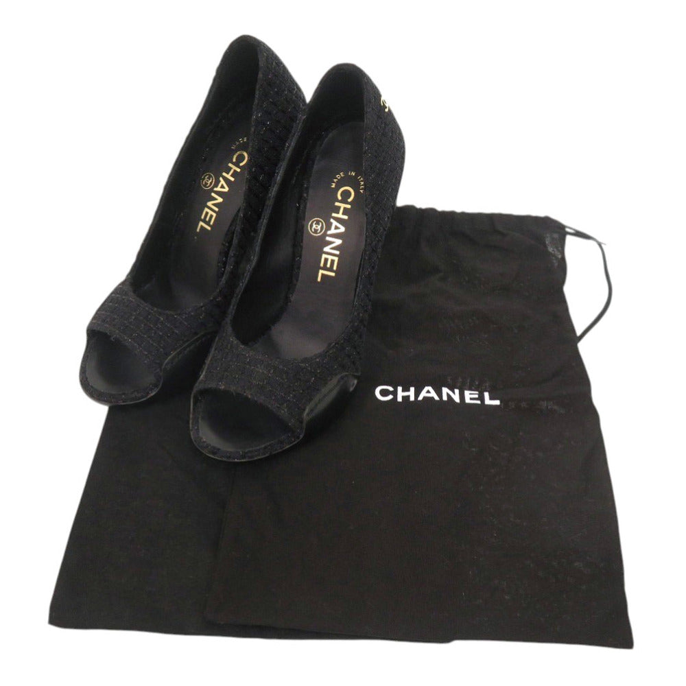 未使用 シャネル オープントゥ ココマーク ハイヒール 22.5cm ツイード レザー ブラック パンプス 黒 1314【中古】CHANEL