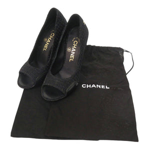 未使用 シャネル オープントゥ ココマーク ハイヒール 22.5cm ツイード レザー ブラック パンプス 黒 1314【中古】CHANEL