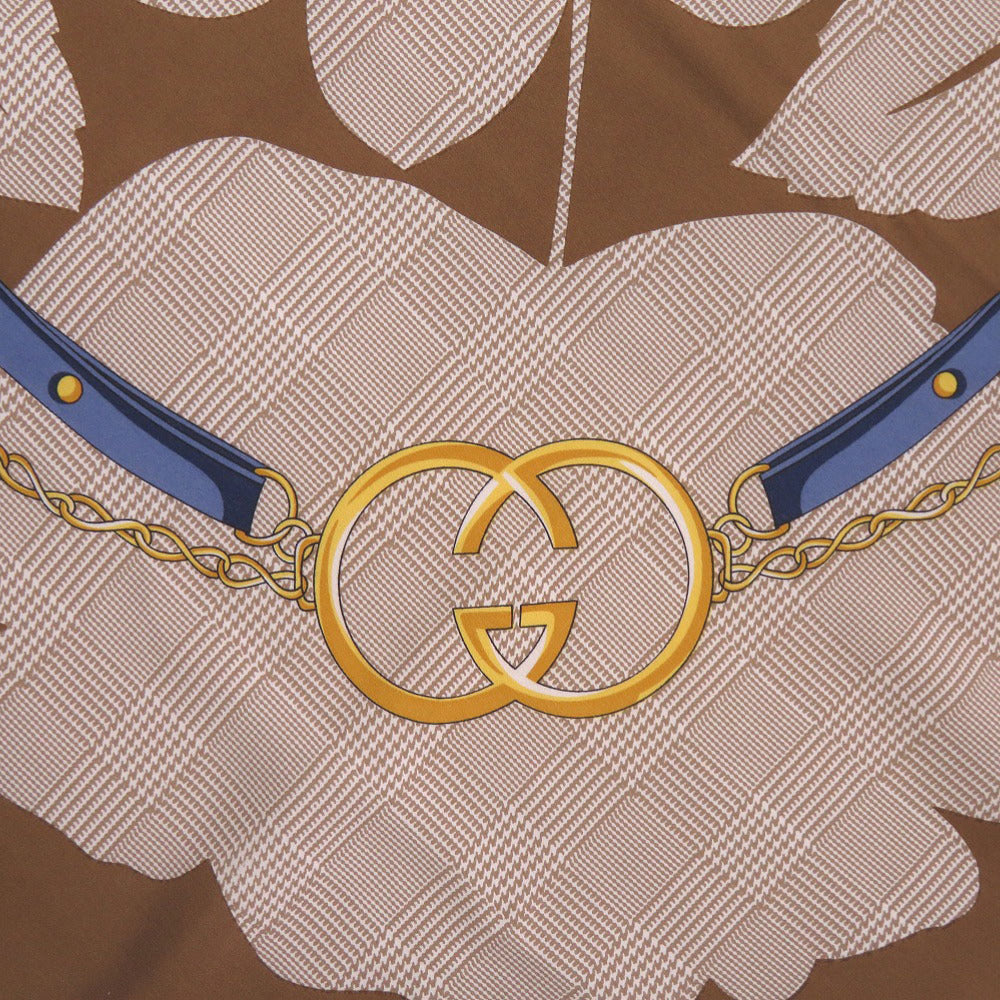 美品 グッチ フラワープリント ベルト スカーフ シルク ブラウン ブルー ホワイト 茶 1668【中古】GUCCI
