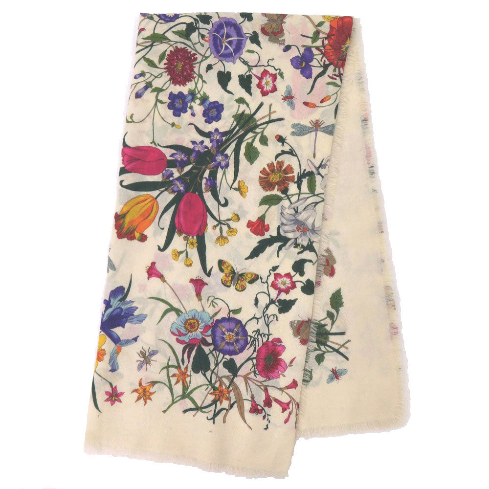 グッチ フローラ 花柄 ストール ウール アイボリー ピンク イエロー グリーン パープル1669【中古】GUCCI
