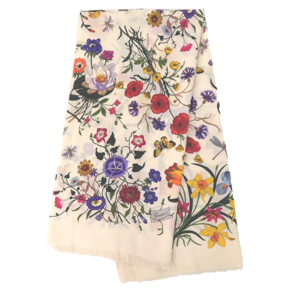 グッチ フローラ 花柄 ストール ウール アイボリー ピンク イエロー グリーン パープル1669【中古】GUCCI
