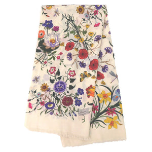グッチ フローラ 花柄 ストール ウール アイボリー ピンク イエロー グリーン パープル1669【中古】GUCCI