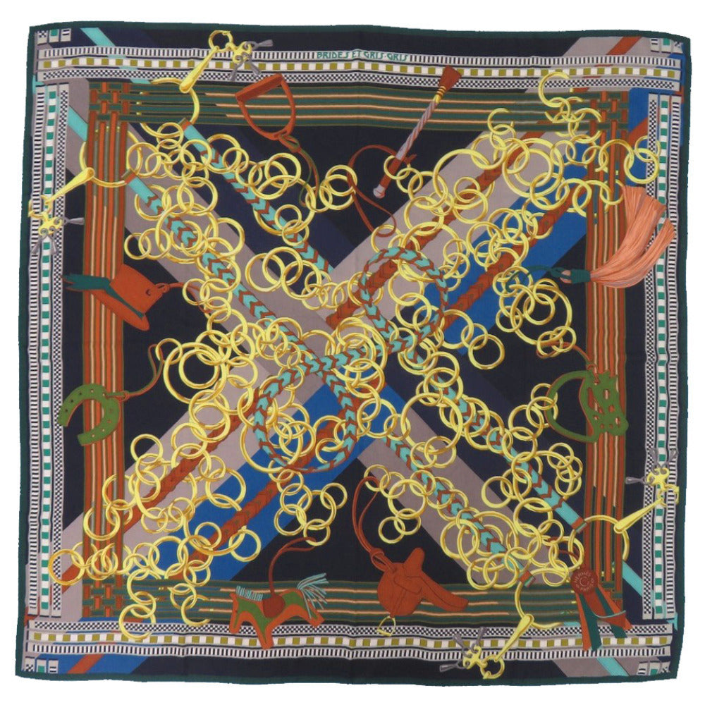 美品 エルメス カレ140 馬勒とチャーム BRIDES ET GRIS-GRIS スカーフ シルク グリーン ブラック イエロー 1735【中古】HERMES