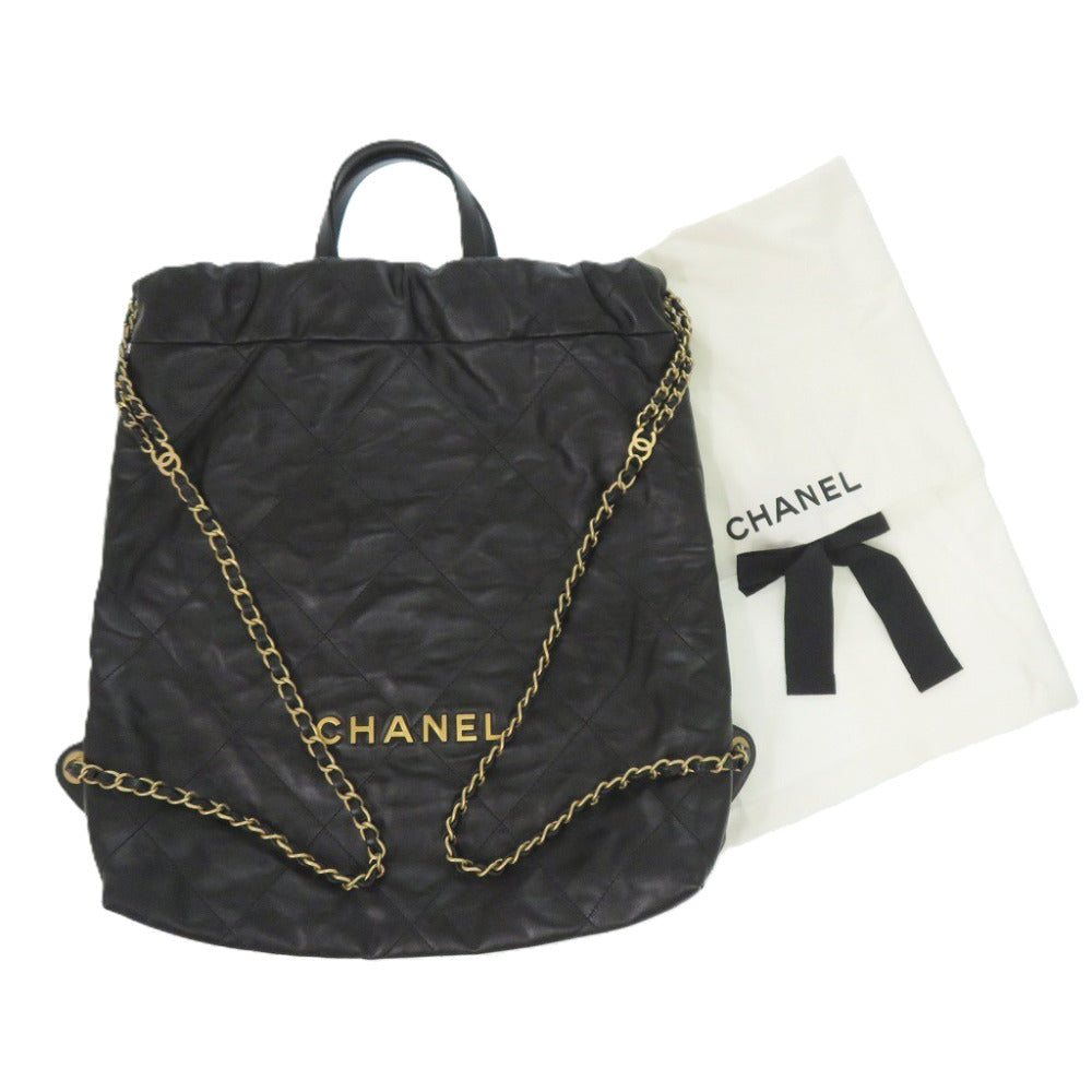 美品 シャネル シャネル 22 ミディアム カーフ ブラック ランダムプレート リュック 黒 1782【中古】CHANEL