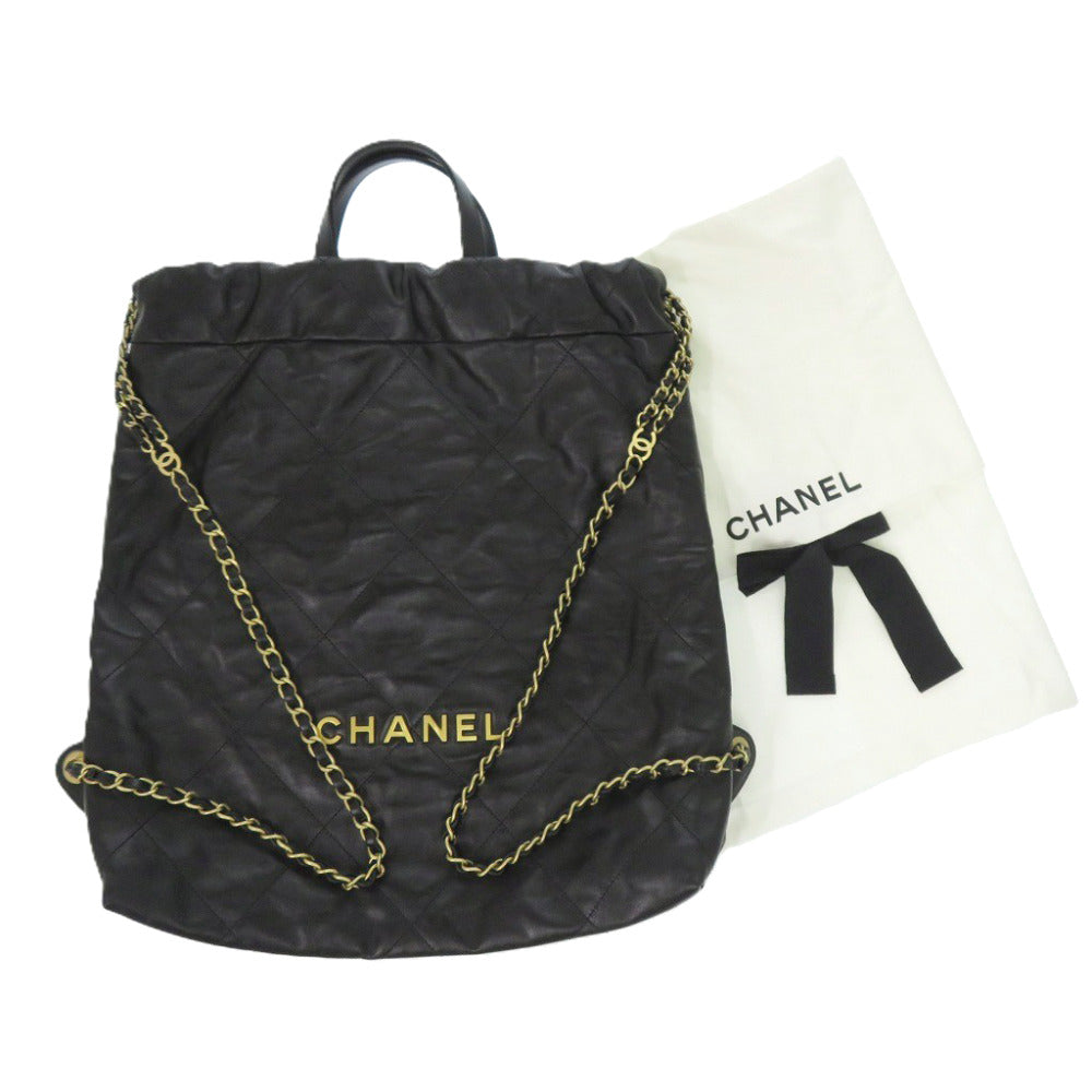 美品 シャネル シャネル 22 ミディアム カーフ ブラック ランダムプレート リュック 黒 1782【中古】CHANEL