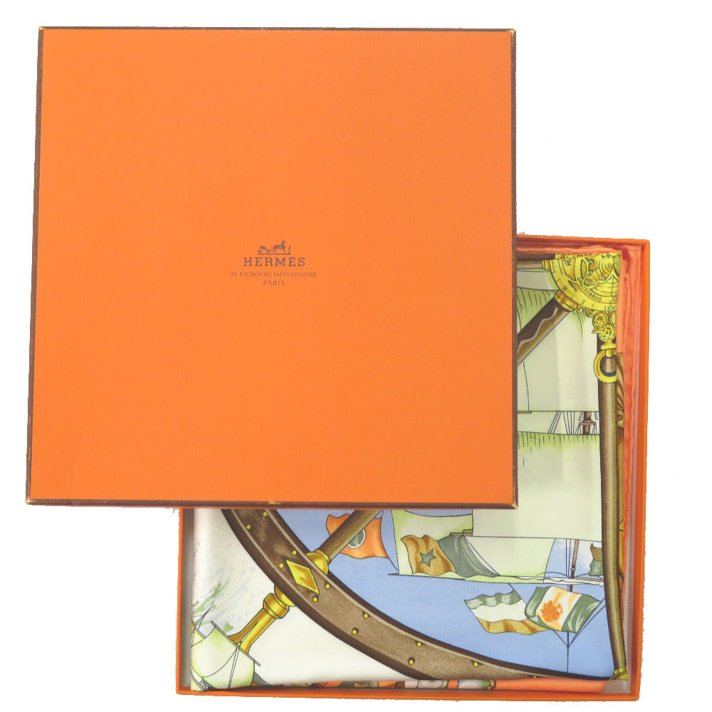 美品 エルメス カレ90 風よ吹け 舵 Vive le Vent シルク オレンジ アイボリー ブラウン スカーフ 1811【中古】HERMES