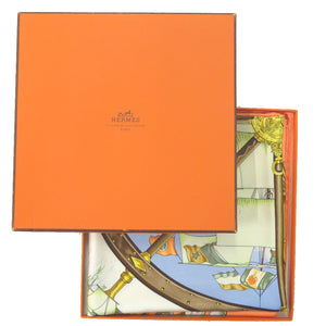 美品 エルメス カレ90 風よ吹け 舵 Vive le Vent シルク オレンジ アイボリー ブラウン スカーフ 1811【中古】HERMES