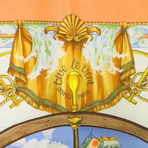 美品 エルメス カレ90 風よ吹け 舵 Vive le Vent シルク オレンジ アイボリー ブラウン スカーフ 1811【中古】HERMES