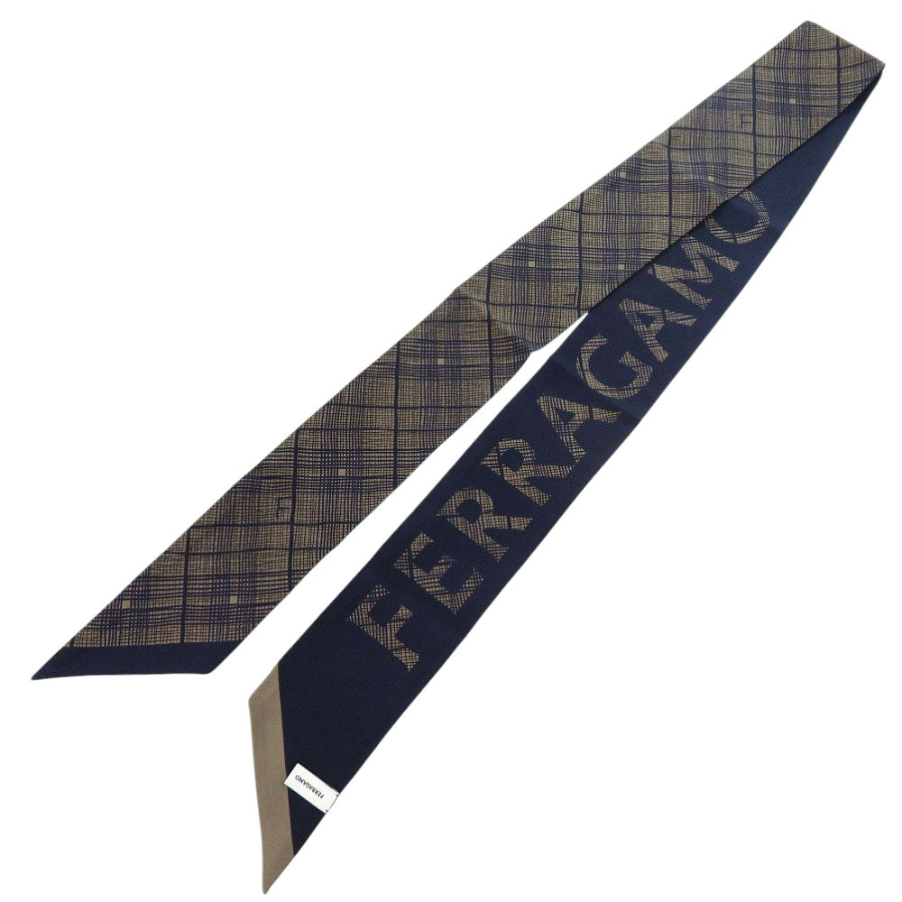 新品同様 サルヴァトーレフェラガモ シルク ネイビー ブラウン スカーフ 紺 1880【中古】Salvatore Ferragamo