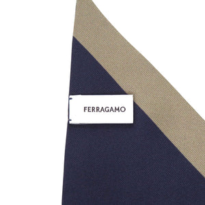 新品同様 サルヴァトーレフェラガモ シルク ネイビー ブラウン スカーフ 紺 1880【中古】Salvatore Ferragamo