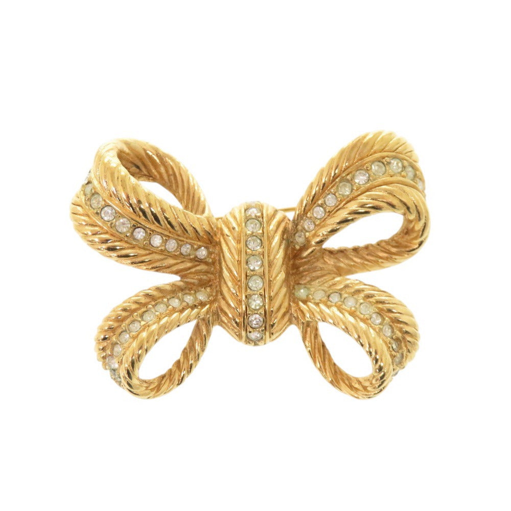 クリスチャンディオール リボン メタル ラインストーン ゴールド ブローチ 0083【中古】Christian Dior