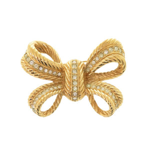 クリスチャンディオール リボン メタル ラインストーン ゴールド ブローチ 0083【中古】Christian Dior
