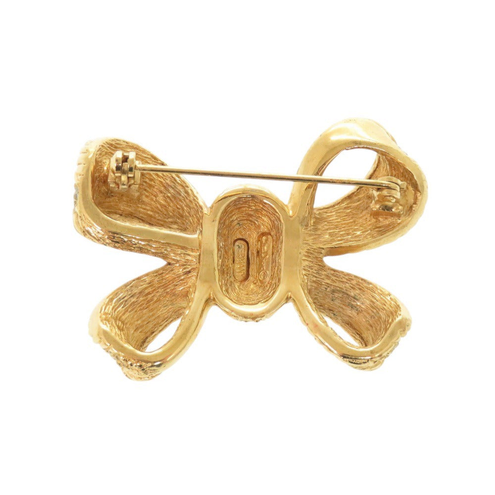 クリスチャンディオール リボン メタル ラインストーン ゴールド ブローチ 0083【中古】Christian Dior