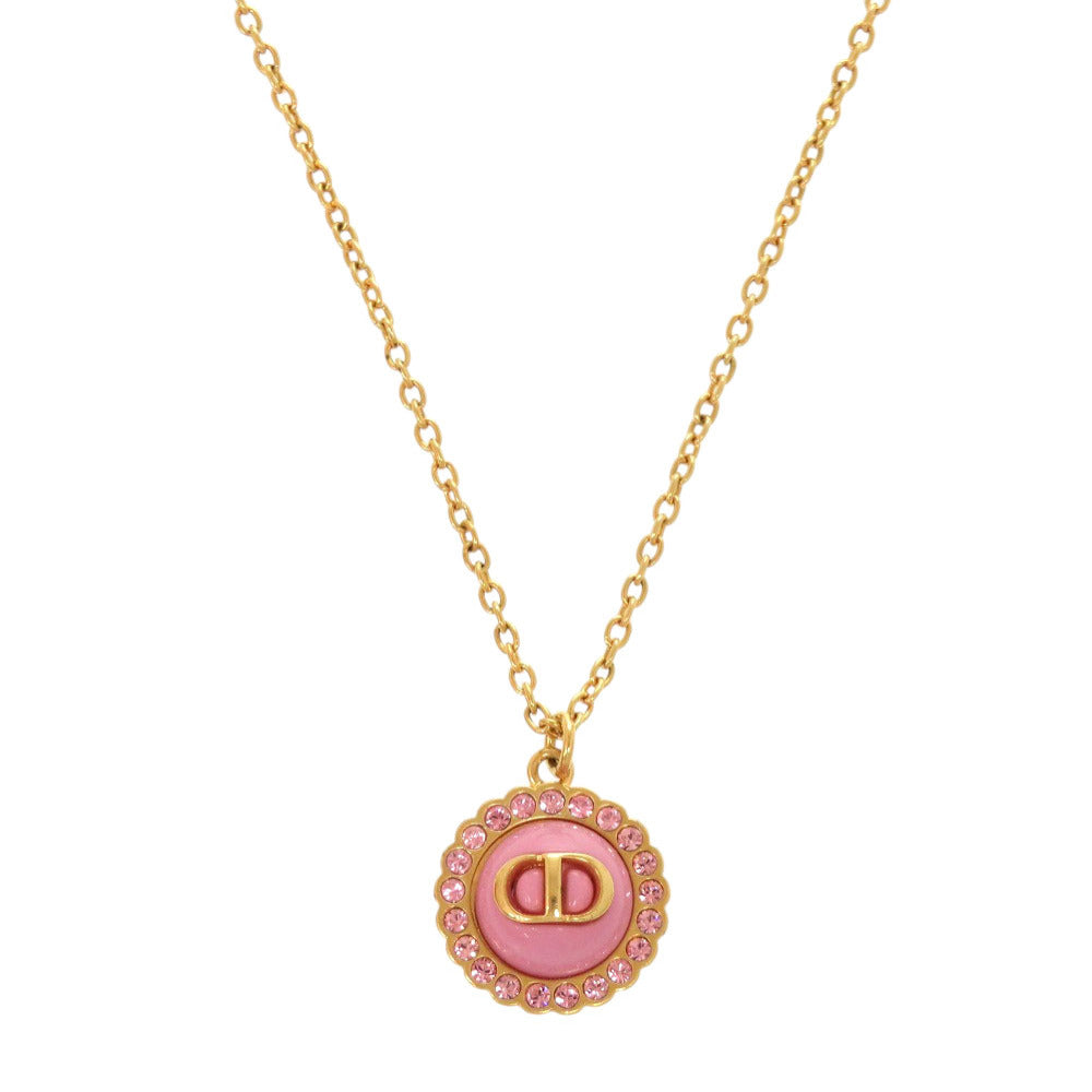 美品 クリスチャン ディオール PETIT CD ロゴ ストーン メタル ピンク ゴールド ネックレス アクセサリー 0398 【中古】 Christian Dior