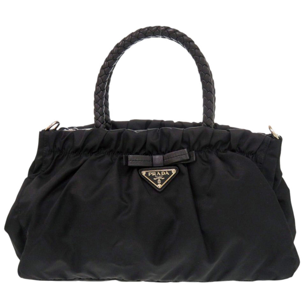 美品 プラダ TRSSUTO BOW リボン BN1631 ナイロン レザー ブラック ハンドバッグ 黒 0405【中古】PRADA