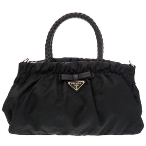 美品 プラダ TRSSUTO BOW リボン BN1631 ナイロン レザー ブラック ハンドバッグ 黒 0405【中古】PRADA