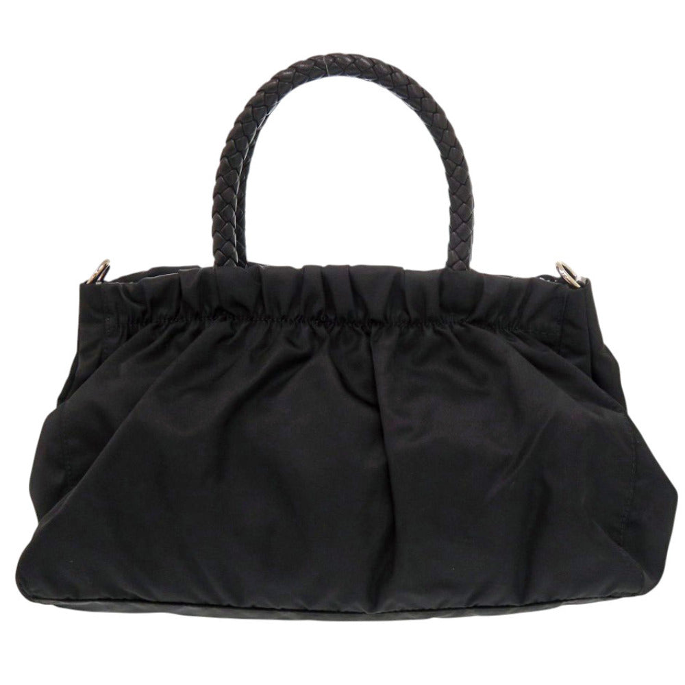 美品 プラダ TRSSUTO BOW リボン BN1631 ナイロン レザー ブラック ハンドバッグ 黒 0405【中古】PRADA