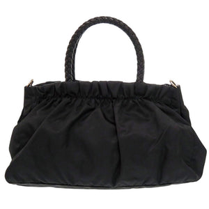 美品 プラダ TRSSUTO BOW リボン BN1631 ナイロン レザー ブラック ハンドバッグ 黒 0405【中古】PRADA