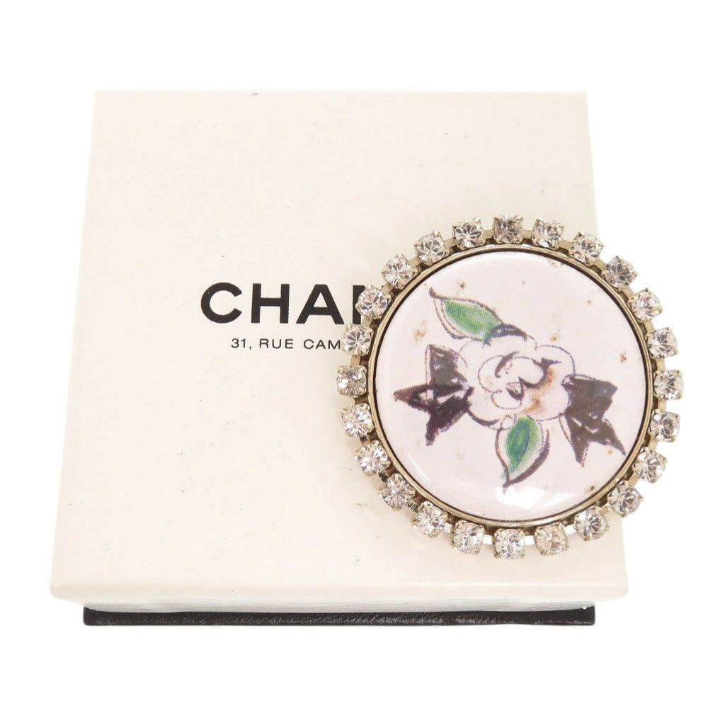 美品 シャネル カメリアデッサン メタル ラインストーン ホワイト ブローチ 0444【中古】CHANEL