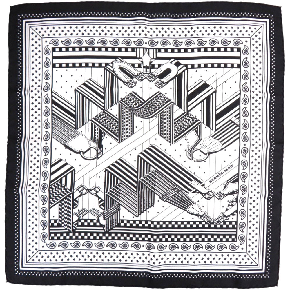 新品同様 エルメス カレ55 Sangles en Zigzag bandana 892685S 06 シルク ノワール スカーフ 黒 0465【中古】HERMES