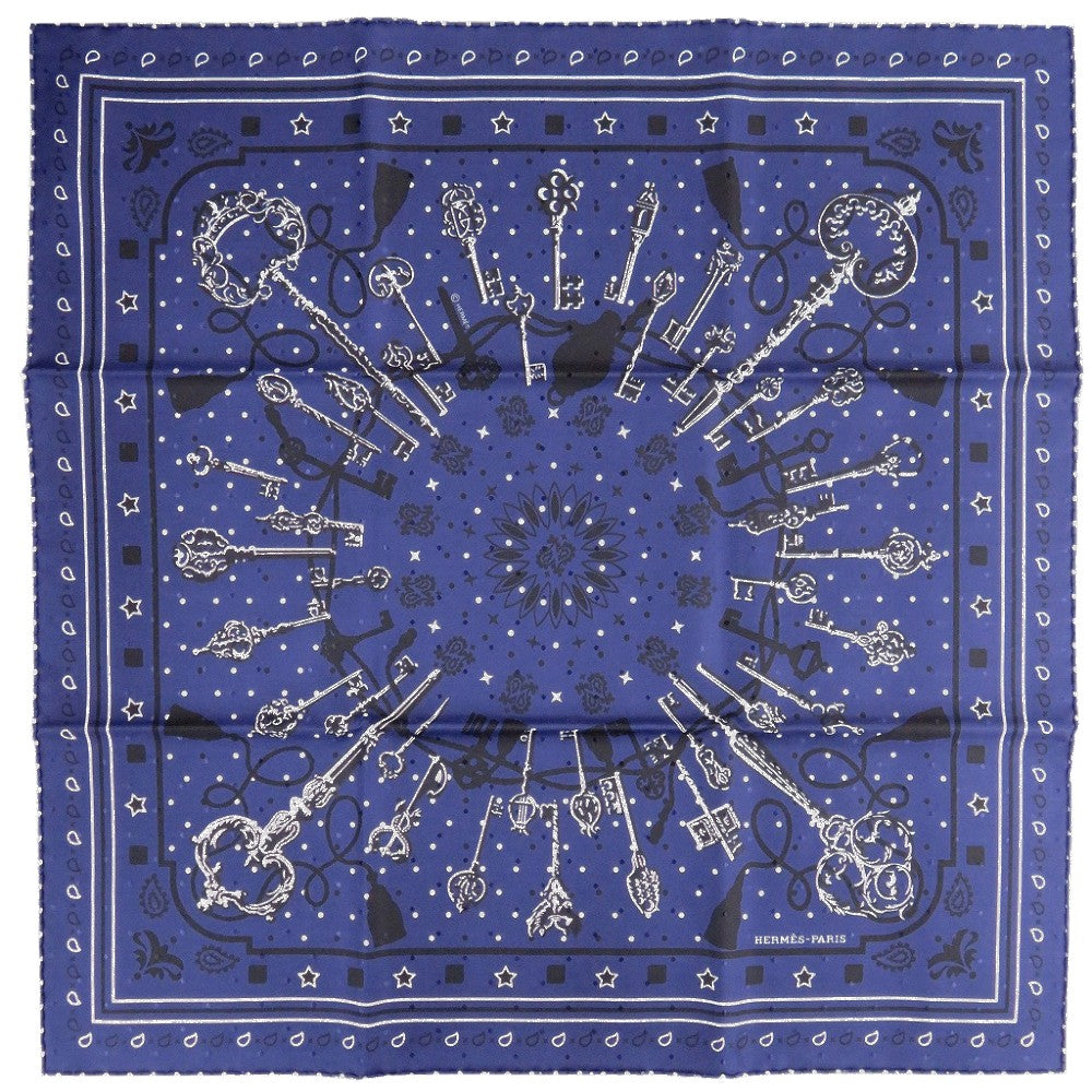 新品同様 エルメス カレ55 Les Cles Bandana レ クレ バンダナ シルク マリン スカーフ 紺 0465【中古】HERMES