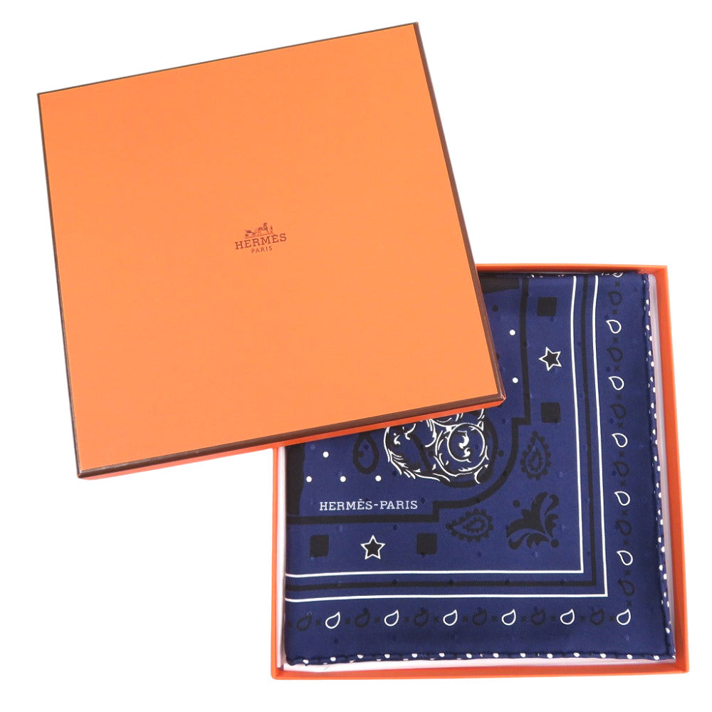 新品同様 エルメス カレ55 Les Cles Bandana レ クレ バンダナ シルク マリン スカーフ 紺 0465【中古】HERMES