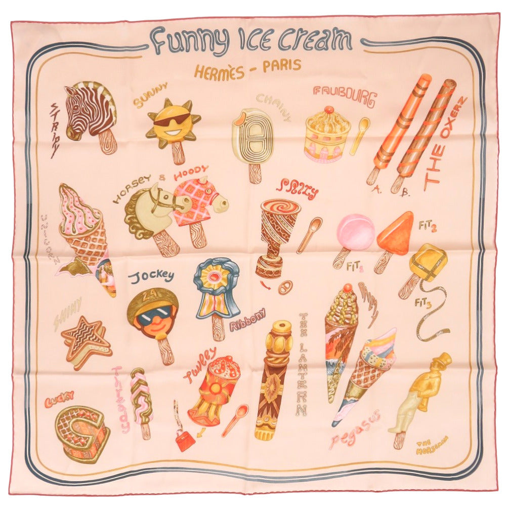 新品同様 エルメス カレ70 FUNNY ICE CREAM ファニー アイスクリーム シルク ベージュ ストール 0466【中古】HERMES