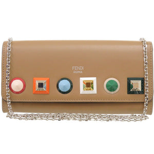 新品同様 フェンディ チェーンウォレット スタッズ 8M0365 レザー ブラウン 長財布 茶 0492【中古】FENDI