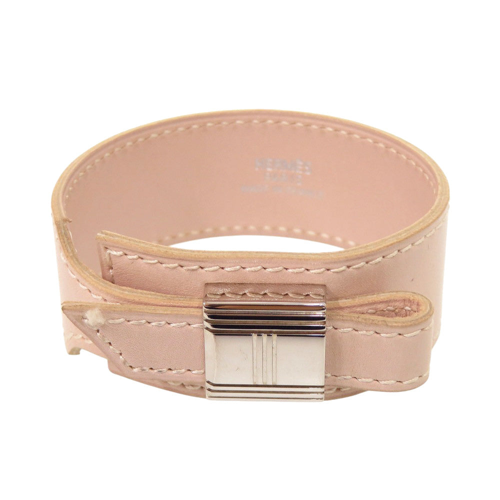 美品 エルメス アルミテミス レザー メタル ピンクベージュ シルバー金具 F刻印 ブレスレット 0528【中古】HERMES