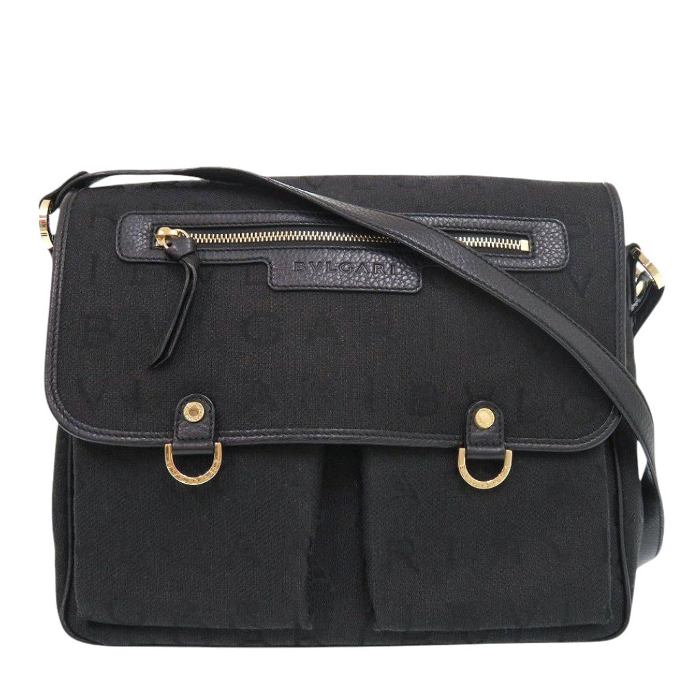 美品 ブルガリ ロゴマニア キャンバス ブラック ショルダーバッグ 黒 0569【中古】BVLGARI