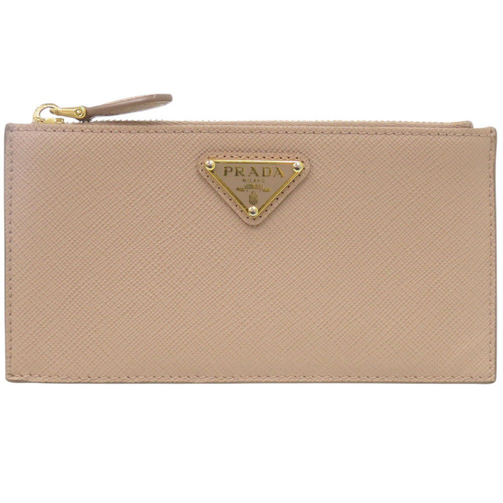 プラダ サフィアーノトライアングル レザー ベージュ フラグメントケース 財布 0574【中古】PRADA