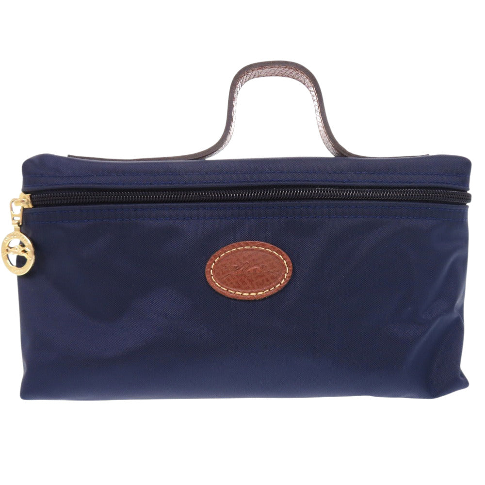 美品 ロンシャン ル プリアージュ ナイロン レザー ポーチ ネイビー ブラウン 0638【中古】Longchamp