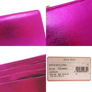 美品 ミュウミュウ 二つ折り長財布 5M1109 ゴールド金具 レザー メタリックピンク 0655【中古】MIUMIU