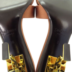 新品同様 サンローランパリ オピウム ミュール サテンクレープ レザー/メタル MANIOC BROWN サンダル 0667【中古】SAINT LAURENT PARIS