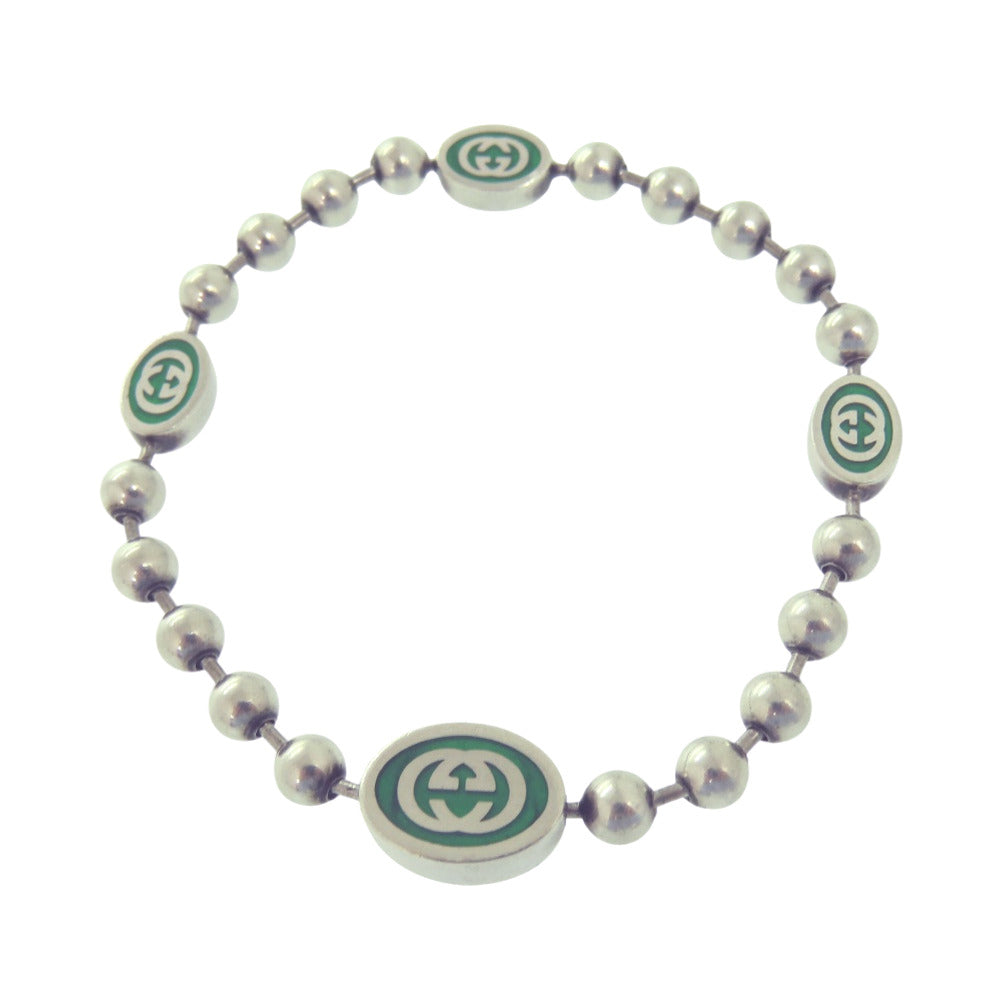美品 グッチ インターロッキングGボールチェーンブレスレット シルバー925 グリーン ブレスレット 0672【中古】GUCCI