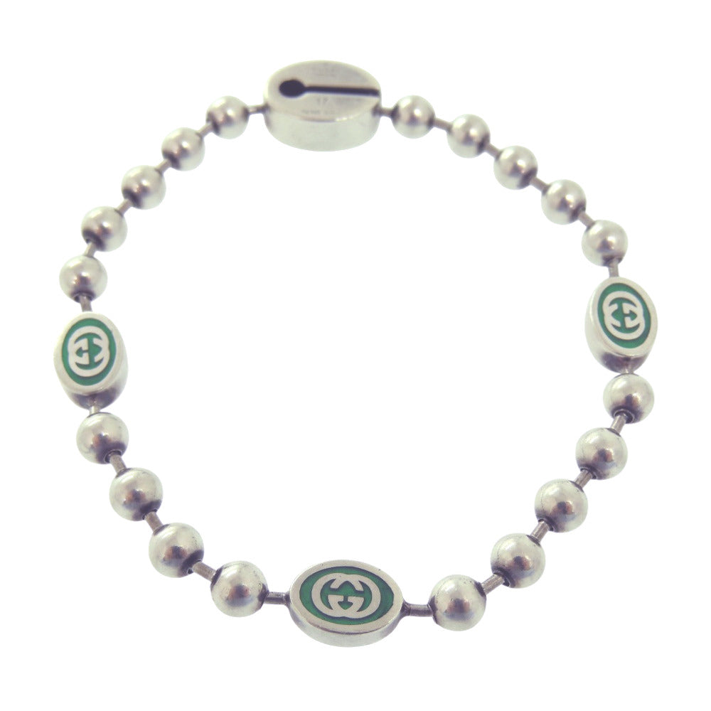 美品 グッチ インターロッキングGボールチェーンブレスレット シルバー925 グリーン ブレスレット 0672【中古】GUCCI