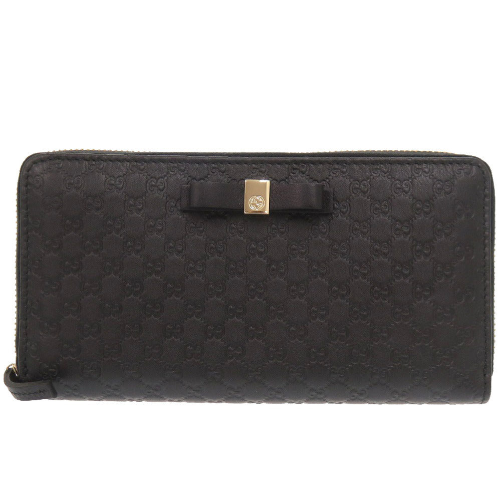 新品同様 グッチ マイクログッチシマ リボン 388680 ブラック ラウンドファスナー 長財布 黒 0731【中古】GUCCI